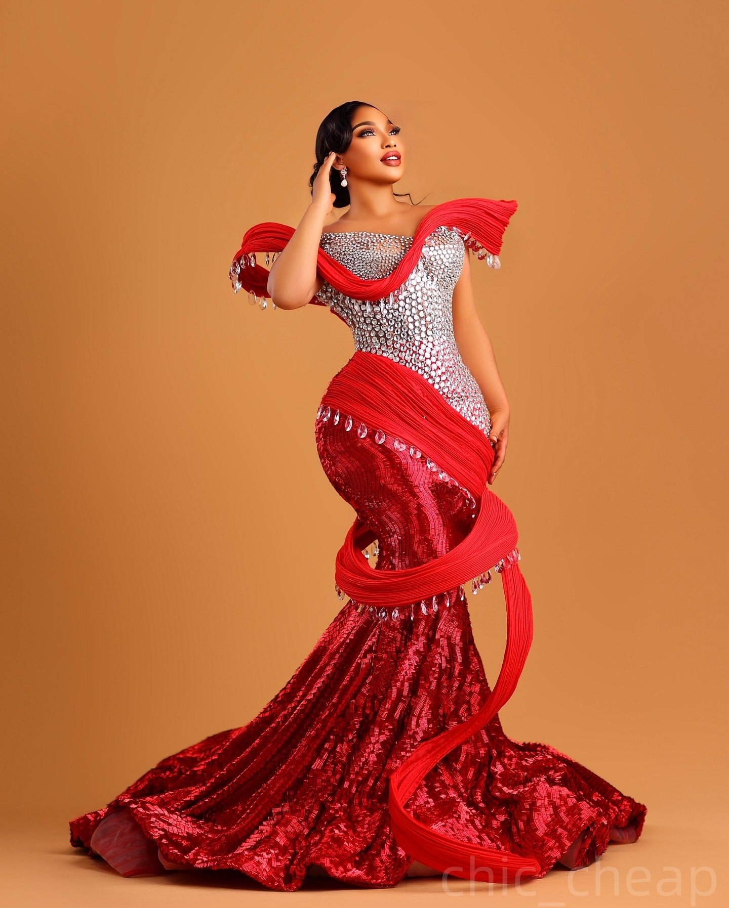 Red Mermaid Prom Dresses 2025 Crystals Sequined Stylish Sparkly Evening Formal Party Second Birthday Engagement Gowns Plus Size Dress For Special Occa