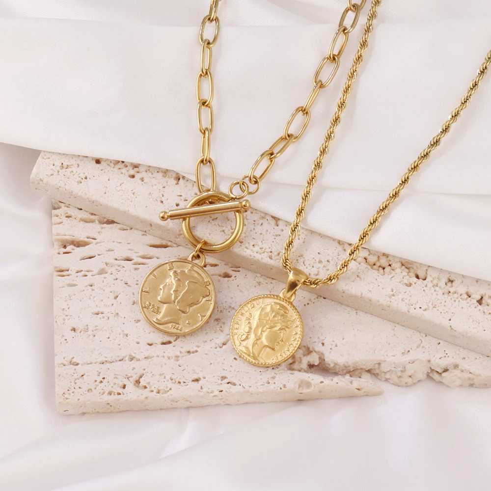 Vintage 316L Stainl Steel Carved Queen Coin Pendant Necklace For Women Men Round Portrait Coin Rope Chain Necklaces JewelryXJ250524