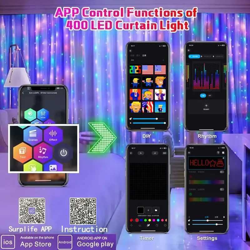 400 LED Smart Curtain Lights String Lights with App Remote Control Music Sync Christmas Curtain String Outdoor Fairy Lights W250524