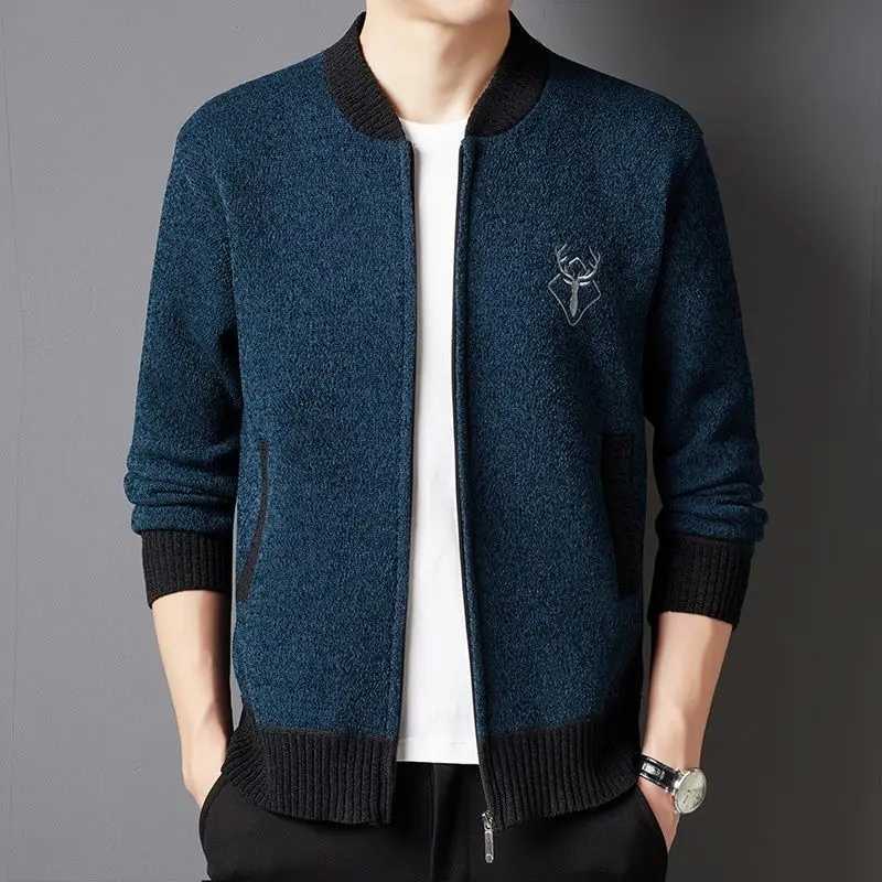 Chic Traveling Autumn Winter Men Cardigans Coats Anti-Pilling Knitted Patchwork Cootrast Color Embroidered Casual Zipper Jackets W250524