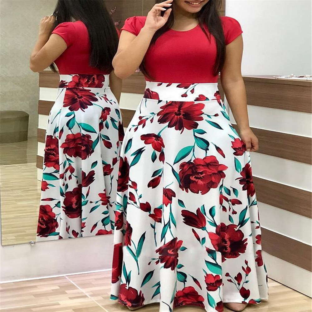 Maxi Dress Pop Style Floral Print Color Blocking Short Sleeved Oversized Dress For Women Floral Dress