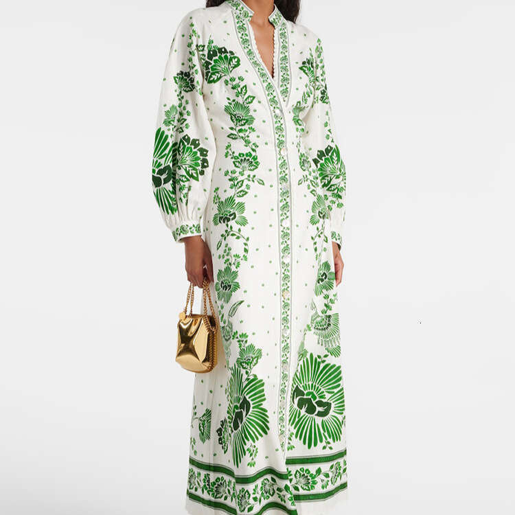 Maxi Dress New Printed Lantern Sleeves V Neck Dress Casual Lace Beach Vacation Long Skirt Floral Dress