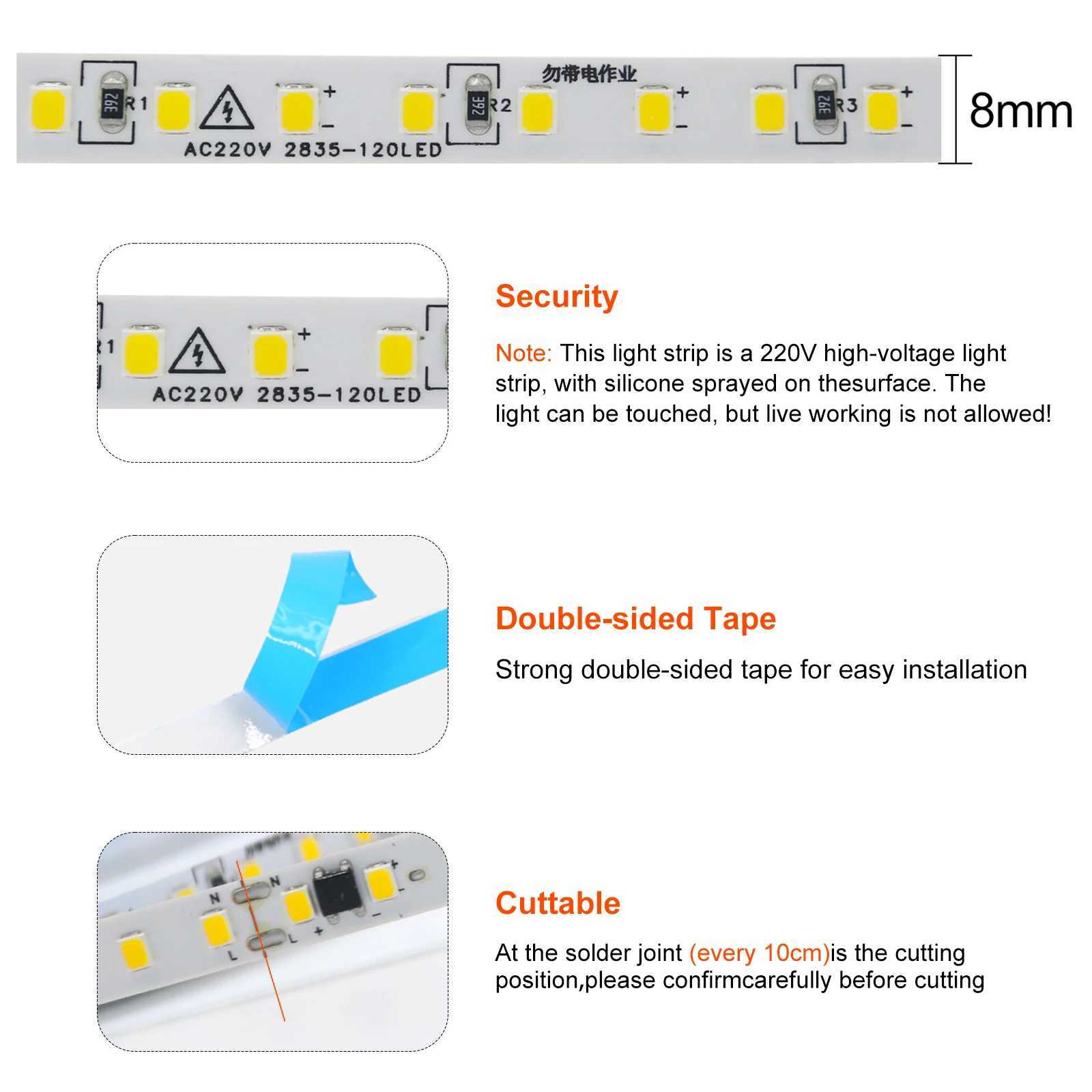 10M 20M 50M 220V LED Strip Light No Need Driver for Home 2835 120LEDs/M High Bright Flexible Light IP44 Waterproof Adhesive Tape W250524