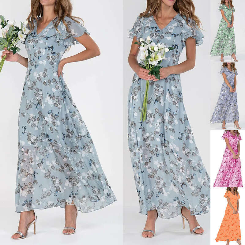 Maxi Dress New Beach Flare Long Skirt Chiffon Fragmented Flower Short Sleeve Ruffle Edge V Neck Fashion Waist Closing Dress Long Dress