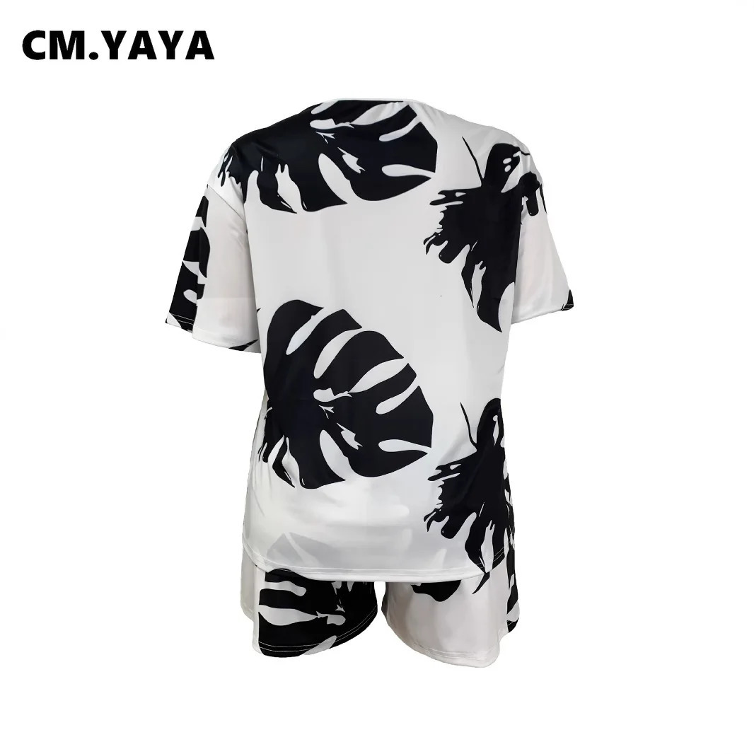 CMYAYA Plus Size Leaf Printed Womens Set Vneck Short Sleeve Tshirt and Shorts 2025 Summer Two 2 Piece Outfit Tracksuit 250516Z