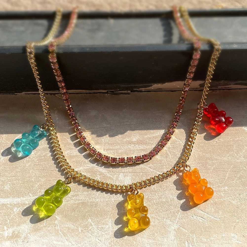 Punk Colorful Gummy Bear Pendant Metal Crystal Choker Necklace for Women Multi-layer Cute Bear Tennis Clavicle Chain New Jewelry XJ250524