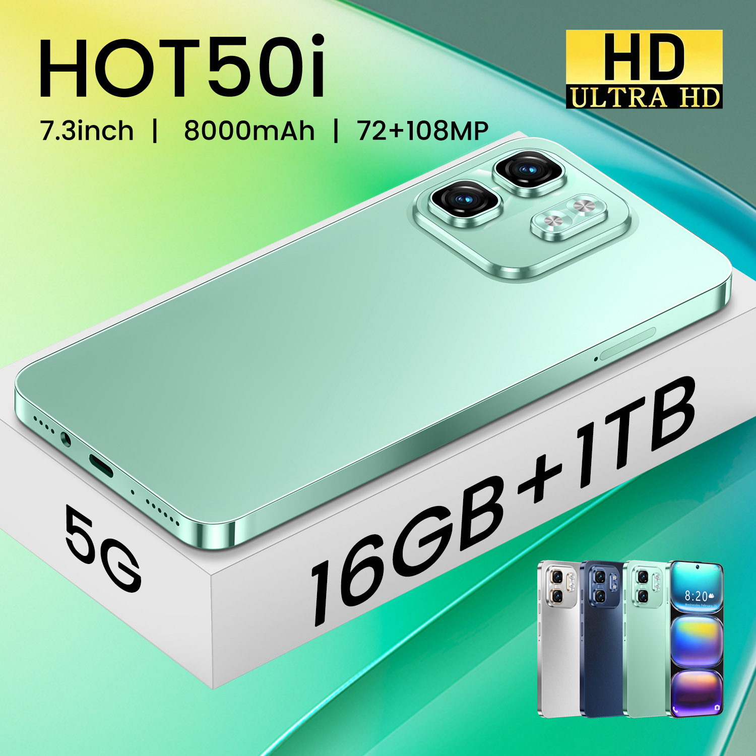 HOT50i Large Screen Smartphone - 7.3-Inch Perforated Display with Android 13 & 5G Support