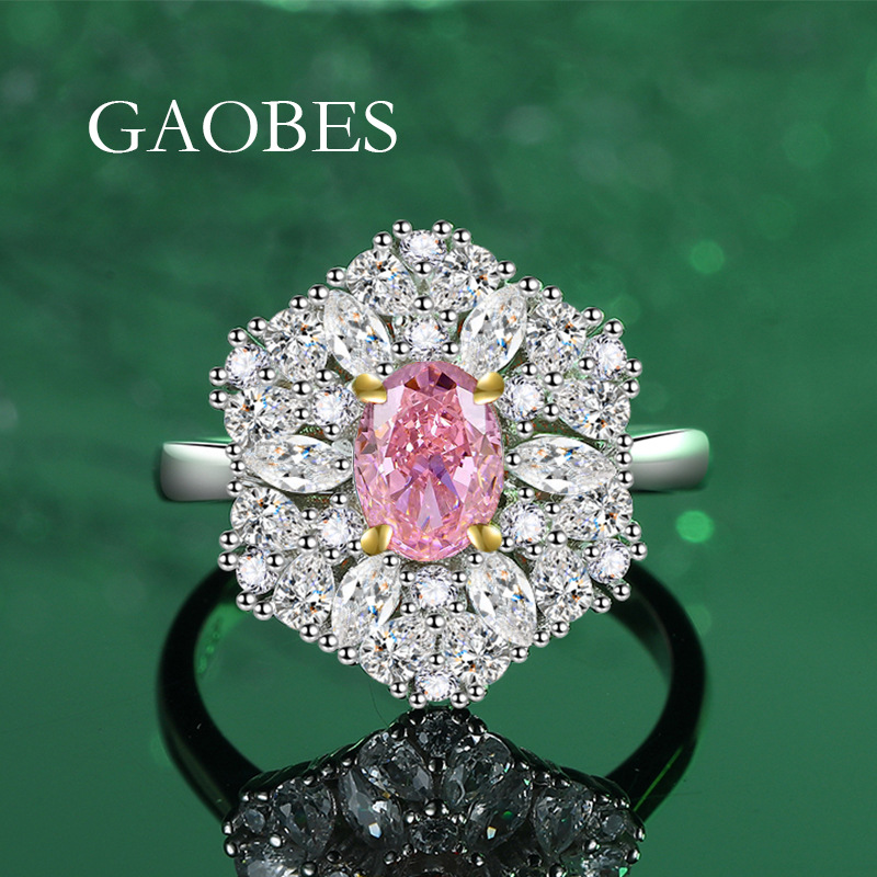 Luxury S925 Sterling Silver Ice Flower Cut Ring with Padma Red, Pink and Green Diamonds for Women, Perfect for Engagement and Wedding