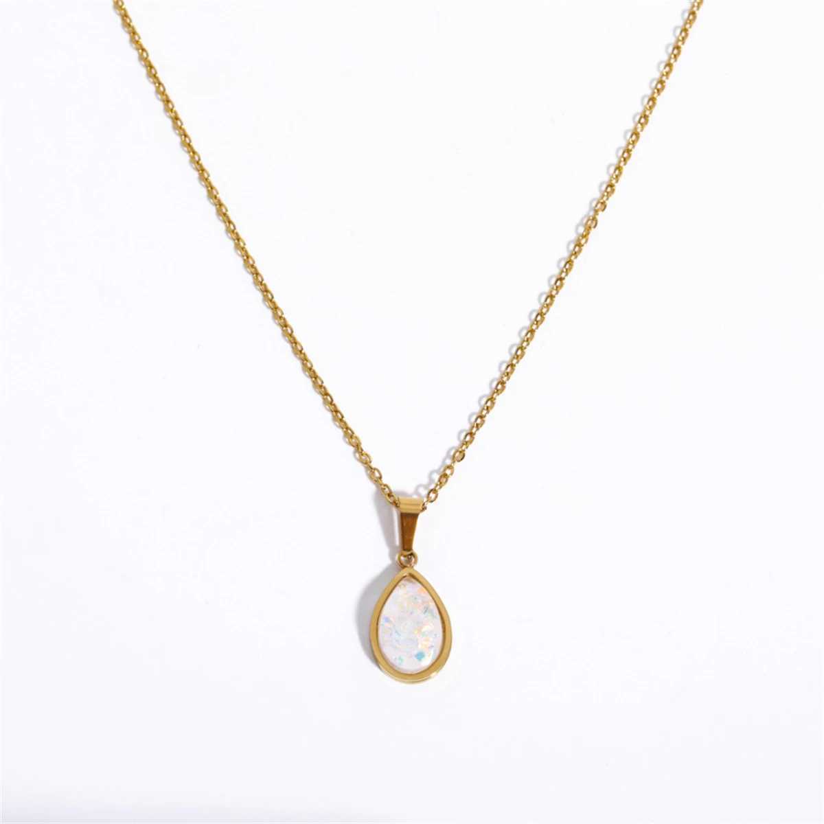 Water droplet pendant necklace stainl steel inlaid with imitation opal opal pendant sweater chain gold-plated XJ250524