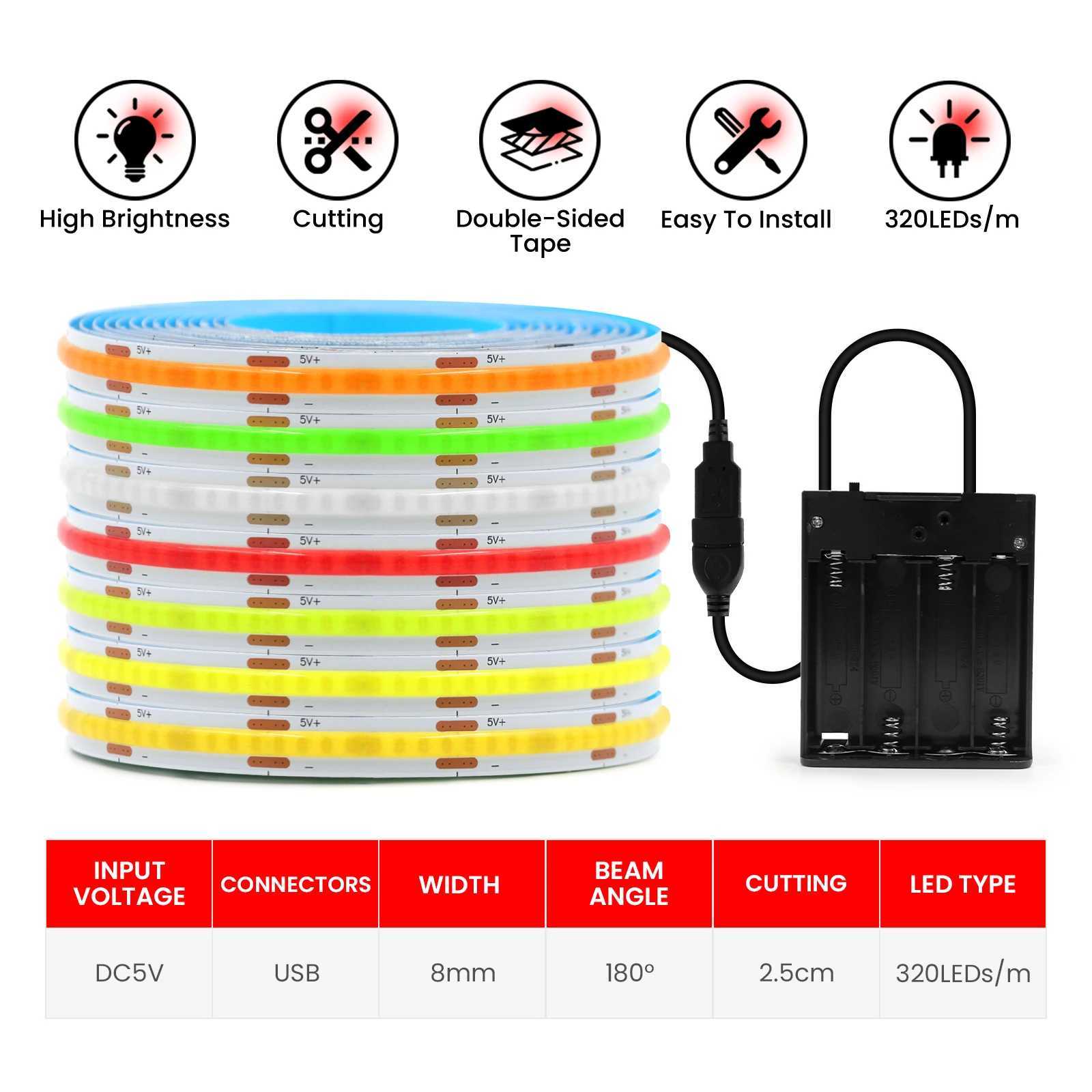 DC 5V USB COB LED Strip 8MM 320LEDs/m Battery Powered Flexible Ribbon Tape White/Pink/Red/Yellow/Ice Blue Room DIY TV Backlight W250524