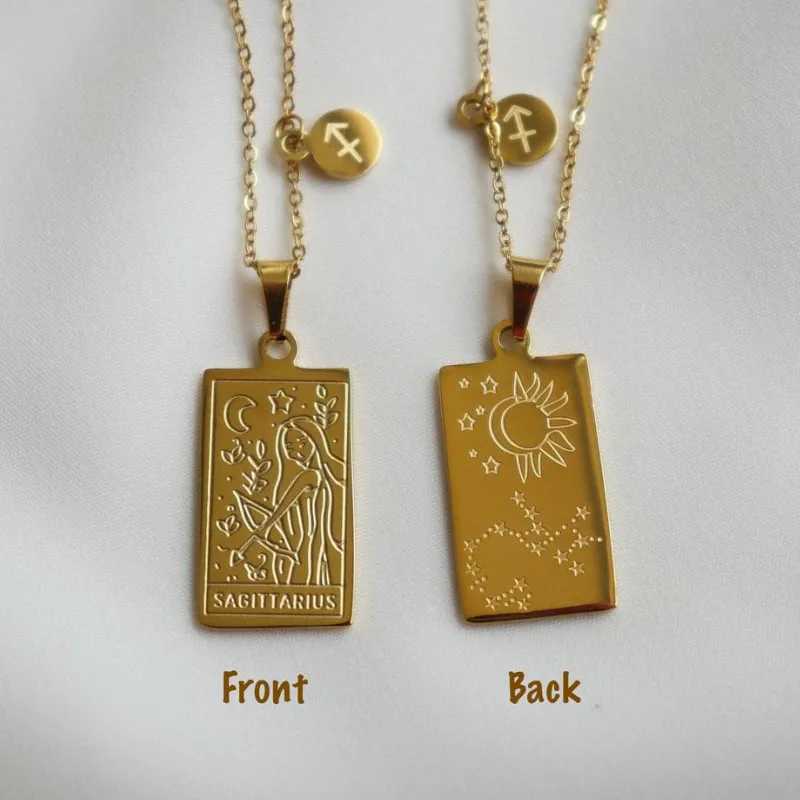 Vintage12 Constellations Tarot Stainl Steel Necklaces for Women Gold Color Zodiac Sign Square Pendant Necklace Clavicle Chain XJ250524