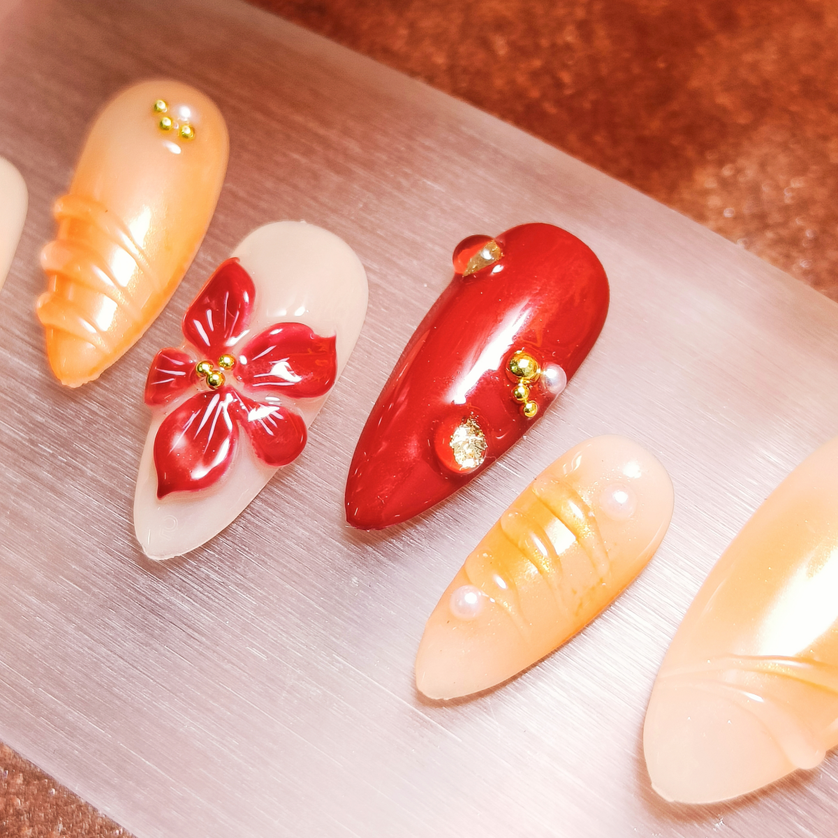 10pcs Handrawn 3D Flowers Handmade Press-on nails Medium Almond Nails Bundle Spring Summer Elegant Sweet Finished nail stickers Free storage box jelly