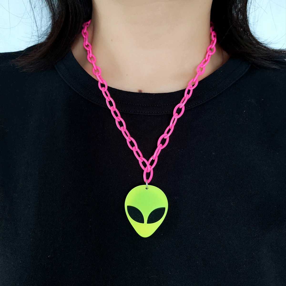 Y2K hip-hop Rock Contrast Fluorescent Alien Pendant Long sweater Chain Necklace Womens Accories XJ250524
