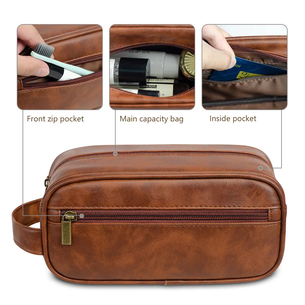 Men Leather Wash Bag Travel Business Trips Portable Cosmetic Bag Large Capacity Multi Pocket Handheld Leather Wash Bag 250603