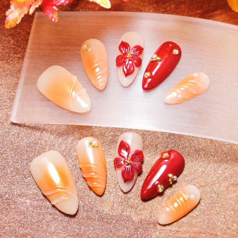 10pcs Handrawn 3D Flowers Handmade Press-on nails Medium Almond Nails Bundle Spring Summer Elegant Sweet Finished nail stickers Free storage box jelly