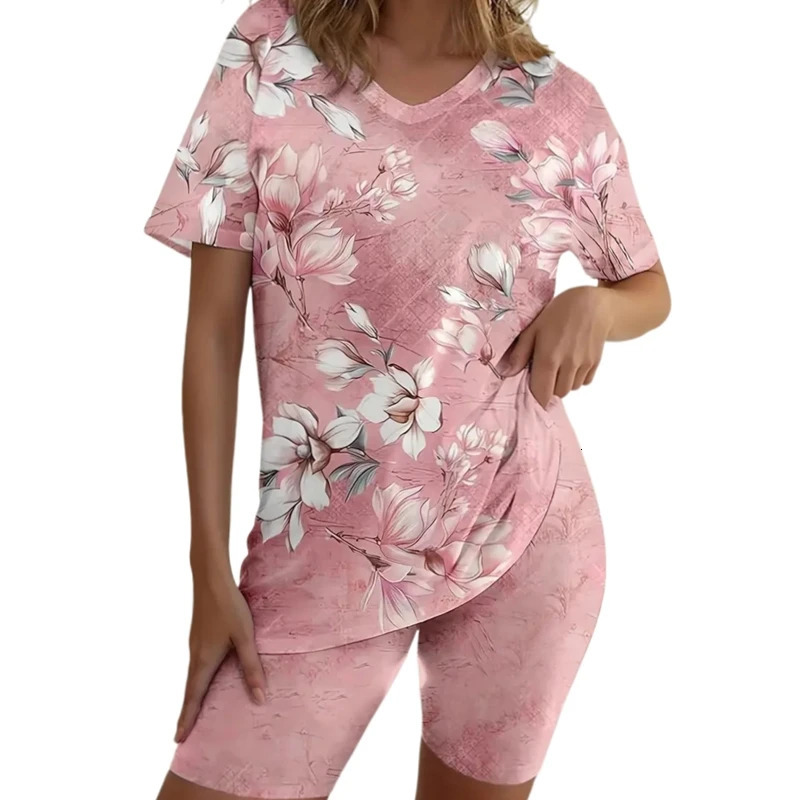 Plus Size 1XL5XL Womens Fashion Floral Print Two Piece Set Outfit Ladies Casual Short Sleeve Crew Neck TShirt Shorts 250516Z