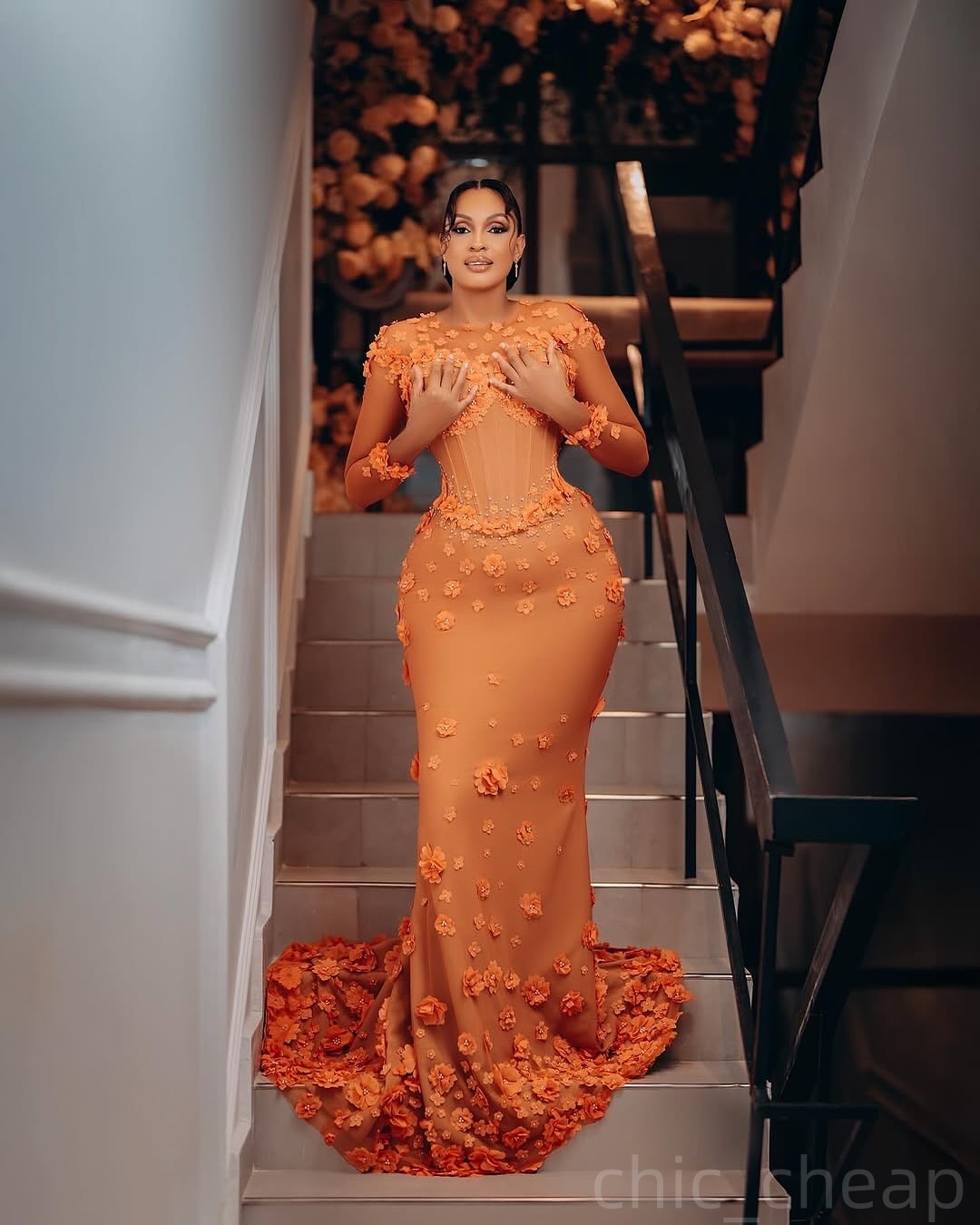 Orange Mermaid Prom Dresses 2025 Flowers Beaded Full Sleeves Evening Formal Party Second Birthday Engagement Gowns Plus Size Dress For Special Occasio