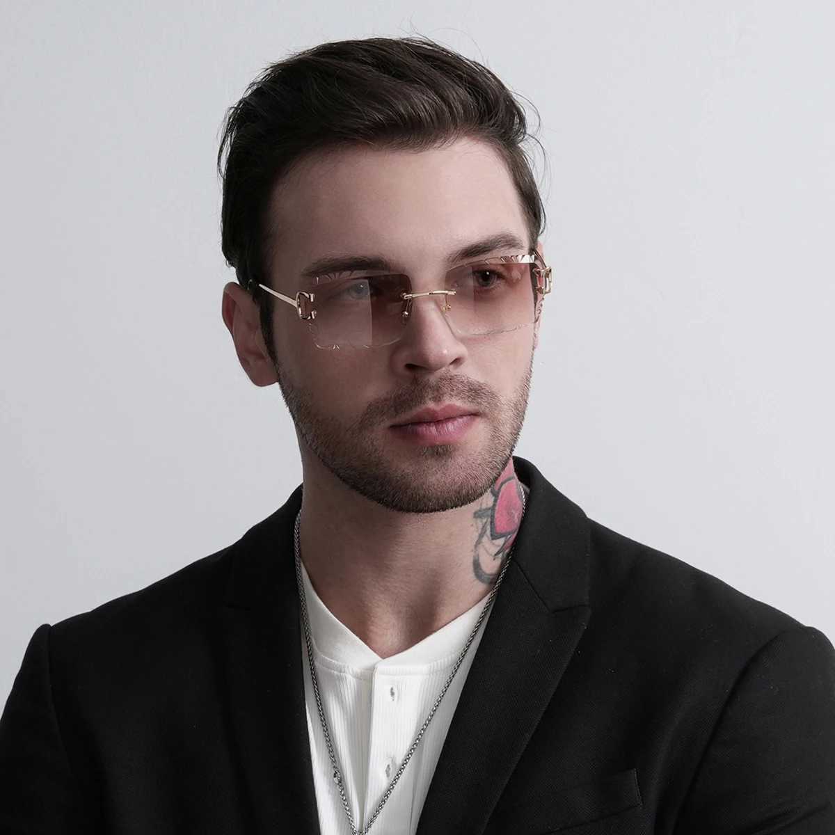 Ruiao Luxury high quality rimless diamond cut nylon lens UV400 Sunglasses fashion square metal legs glasses for men women V250524