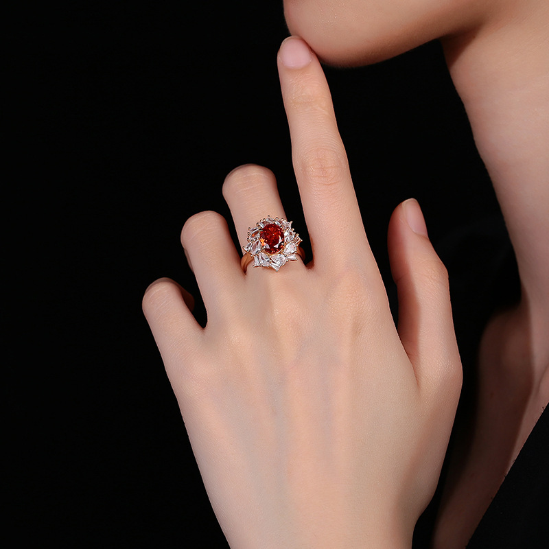 925 Sterling Silver Vintage Red High-Carbon Diamond Ring with Padma Red Gemstone, Elegant Luxury Jewelry for Women, Ideal Engagement Ring