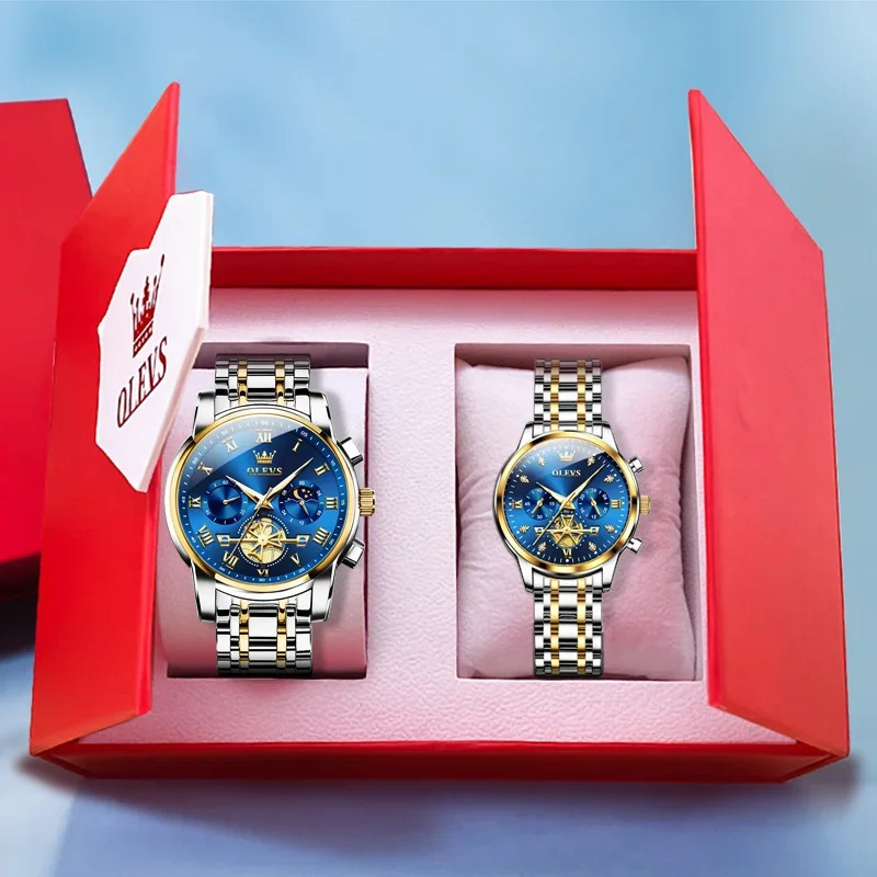 OLEVS Couple Watches Waterproof Luminous Stainless Steel Quartz Watch His and Hers Moon Phase Fashion Lovers Set 250603