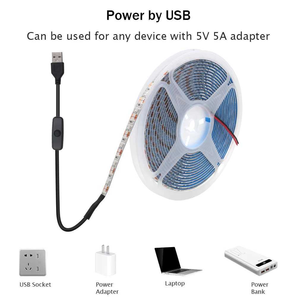 5V USB Led Strip SMD 2835 White/Warm White/Red/Blue/Green /Pink/Yellow 50CM 1M 2M 4M 5M Flexible Ribbon Tape Backlight W250524