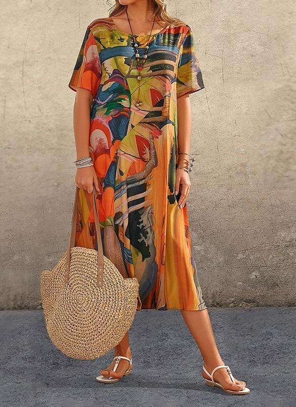 Maxi Dress Fashion Casual Print Summer Short Sleeve Tunneled Round Neck Loose Beach Dress Long Dress