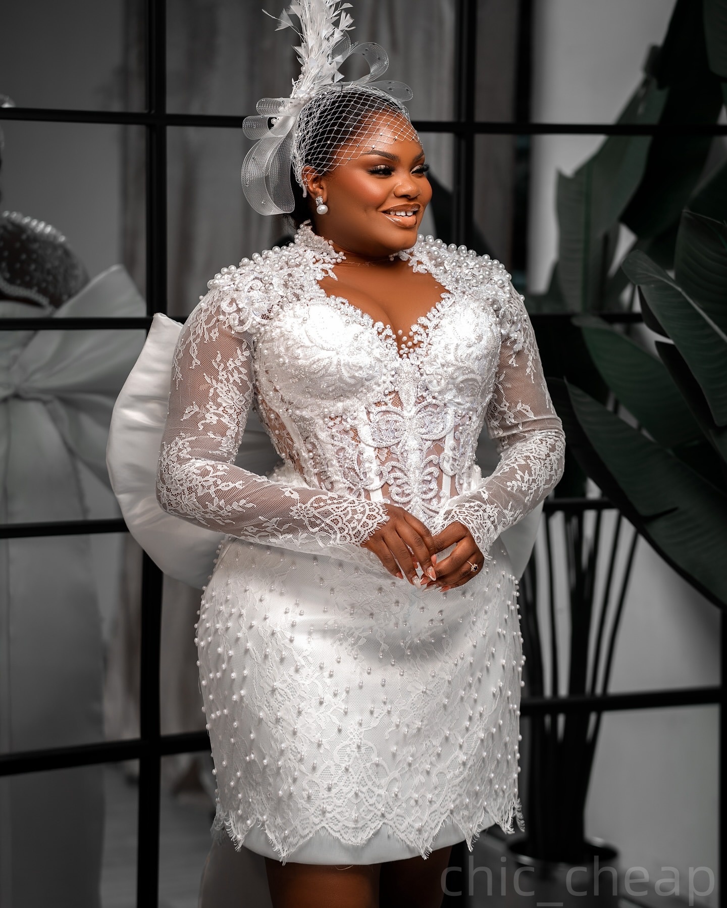 2025 Aso Ebi Plus Size White Wedding Dress Pearls Lace Sheath Knee Length Bow Full Sleeves Bridal Gowns Dresses ZJ055