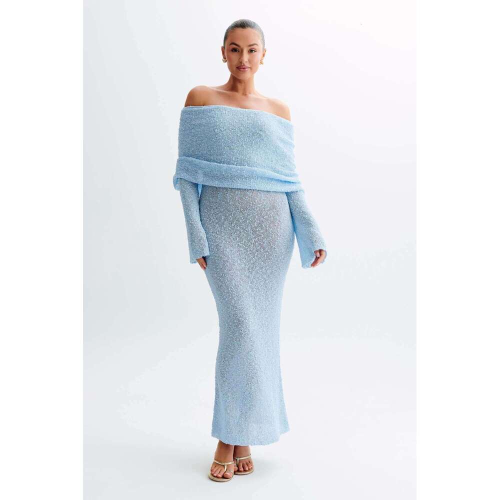 Maxi Dress New Vacation One Neck Beach Cover Shirt Slimming Trumpet Sleeve Dress Long Dress