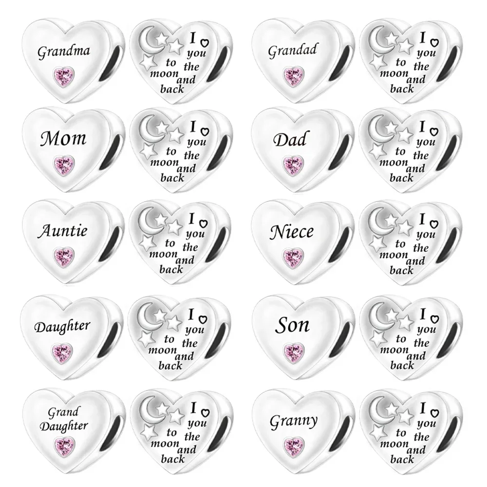 FewDook 2025 New Original Family Heart Grandma Daughter Son I Love You To The Moon & Back Charm Beads Fit Pan Charms Bracelet Fine Jewelry Designer fo