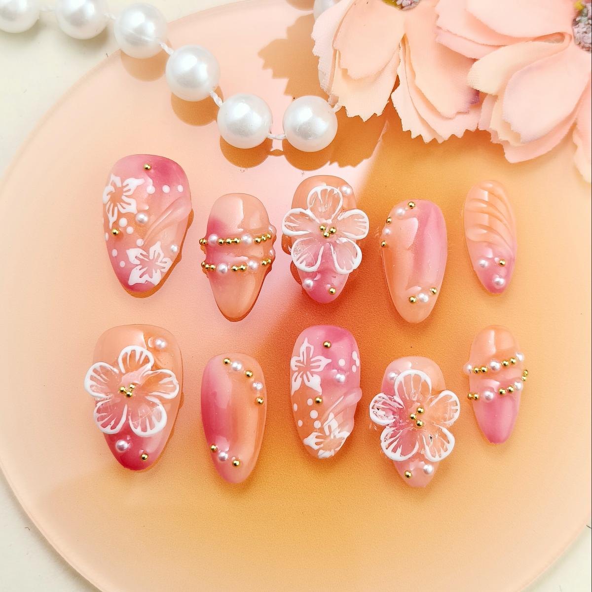 10pcs Sweet Handmade Press-on nails Short Almond Nails Bundle Hand drawn 3D Flowers Pearl Contrast color Finished nail stickers Free storage box jelly