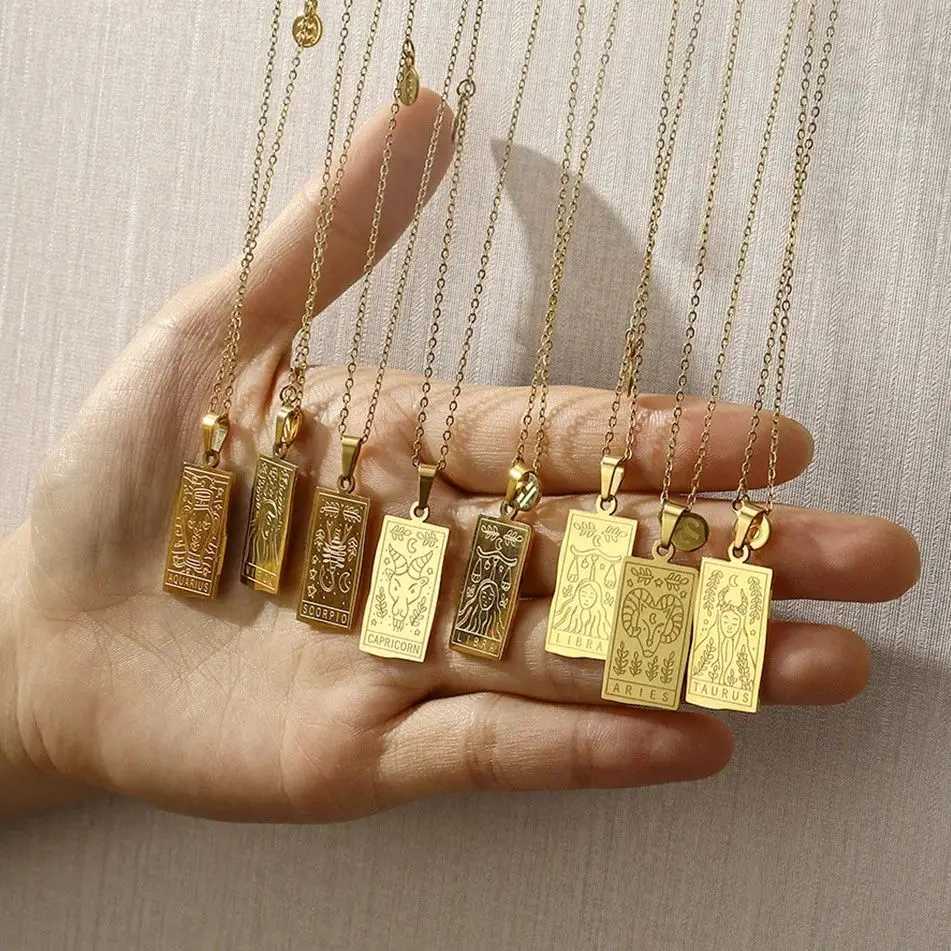 Vintage12 Constellations Tarot Stainl Steel Necklaces for Women Gold Color Zodiac Sign Square Pendant Necklace Clavicle Chain XJ250524