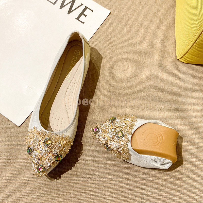 2025 designer ballet flats heels glisten loafers rhinestone beaded butterfly design pointed toe shoes summer comfort daily fashion luxury women single