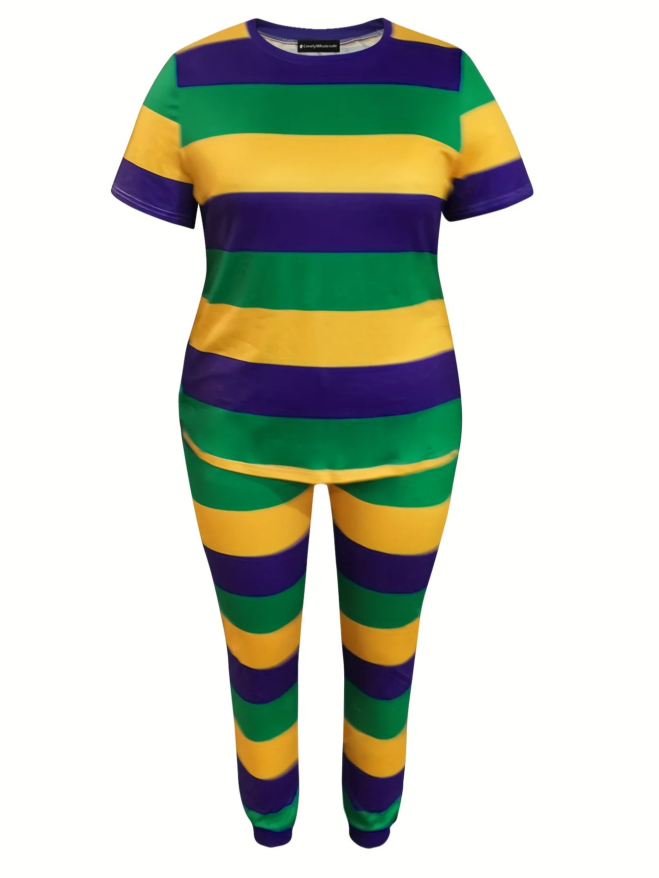 LW Striped plus size Two Piece Pant Set Spring Summer 2pcs Casual Round Neck Short Sleeve tops Skinny Pants Tracksuit for Women 250516Z