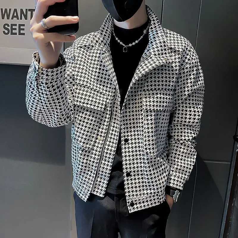 Mens Spring and Autumn Brand Houndstooth New Splicing Stand Collar Button Zipper Pocket Fashion Loose Casual Long Sleeved Jackets W250524