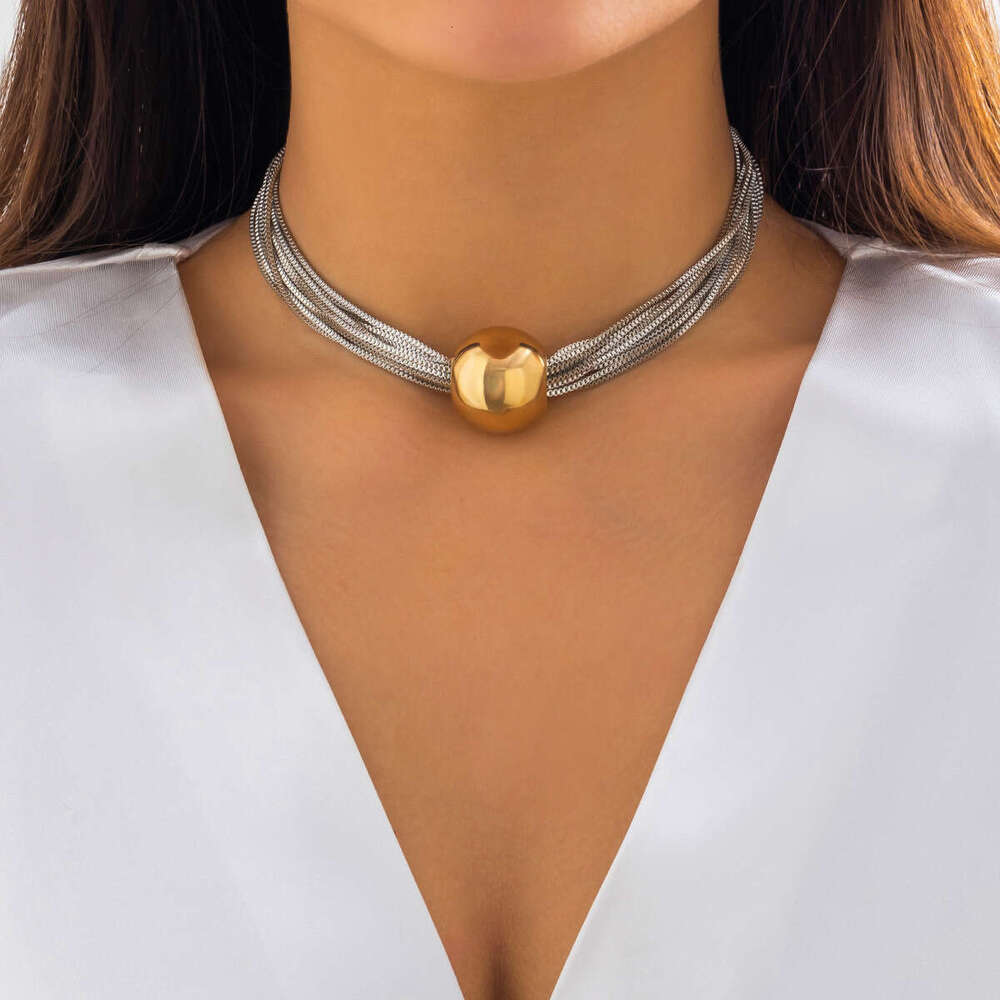 Exaggerated Punk Multi layered Chain Layered Decoration Minimalist and Small Form Geometric Ball Personalized Necklace Choker