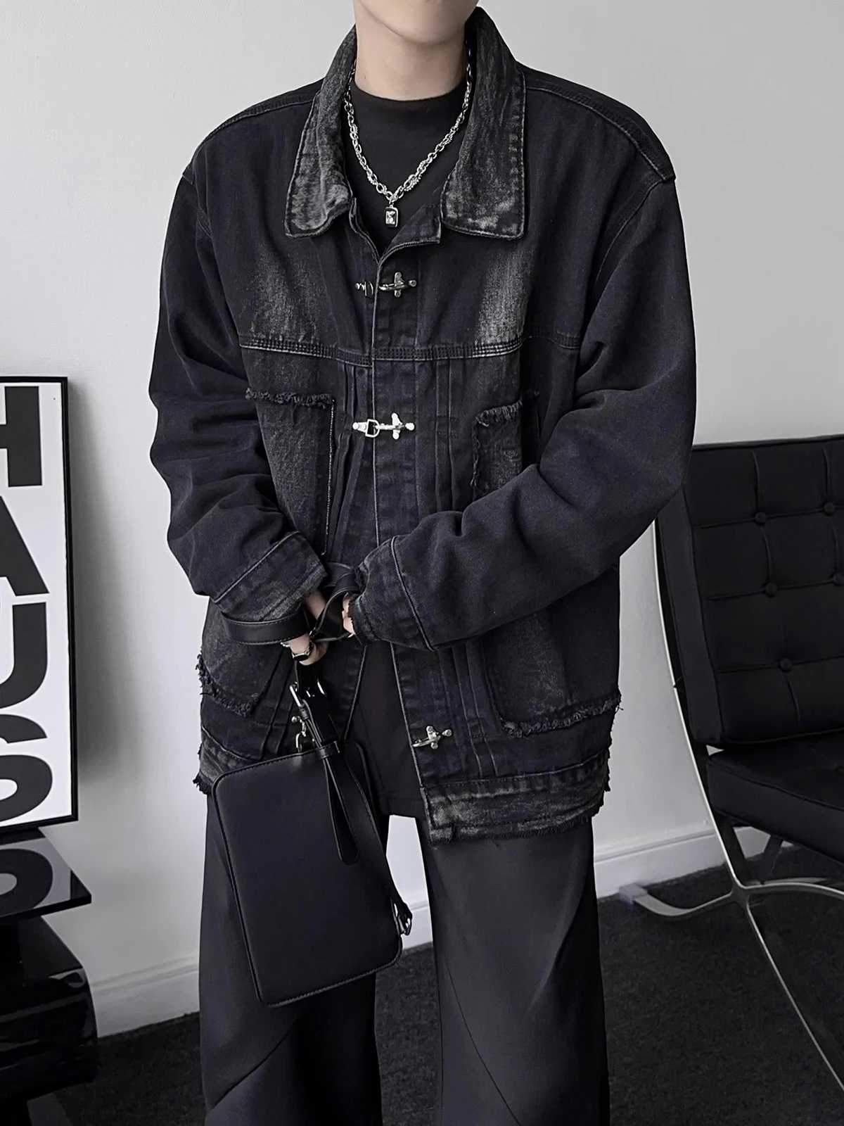 REDDACHIC 90s Mens Button Deconstructed Denim Bomber Jacket Frayed Oversize Coat Distressed Black Hiphop Street Autumn Outwear W250524