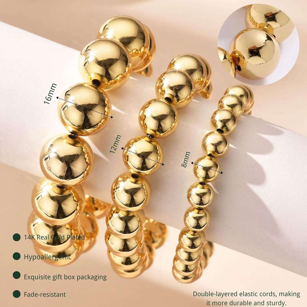 Beaded for Women 14K Gold Plated Chain Bracelets Strand Non Tarnish Chunky Dainty Link Stackable Beads ball Bracelet 8/12/16mm