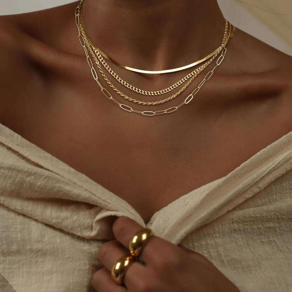 Women's gold/sier stack, 14K gold/pure sier plated simple layered necklace, stackable multi-layer pearl cross plate circular pendant Cuban herrin