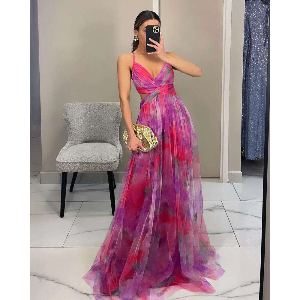 Maxi Dress Spring Summer New Mesh Printed Strap INS Holiday Leisure Party Dress Floral Dress
