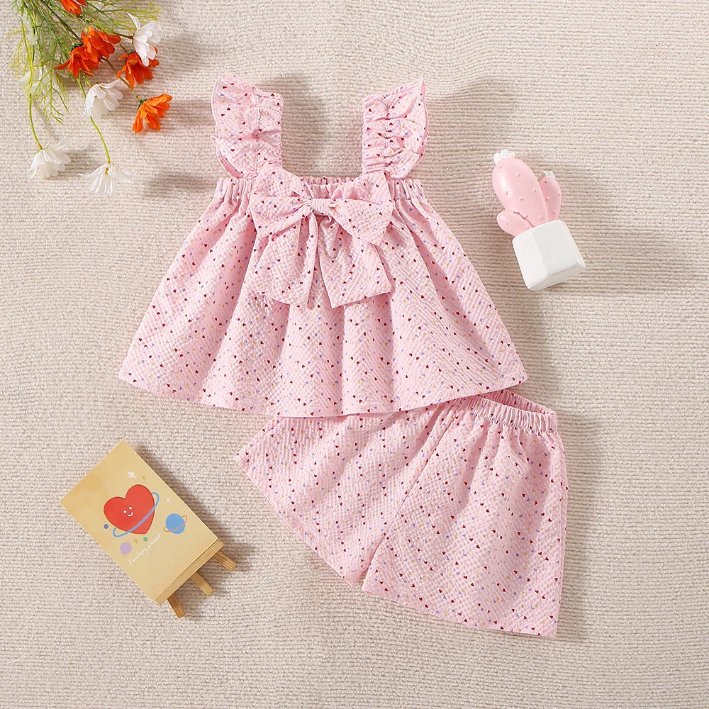Summer TwoPiece Set For Baby Girls With Halter Bow Small Flying Sleeve Love Polka Dot Printed Pleated Shorts Light Casual S 250517z