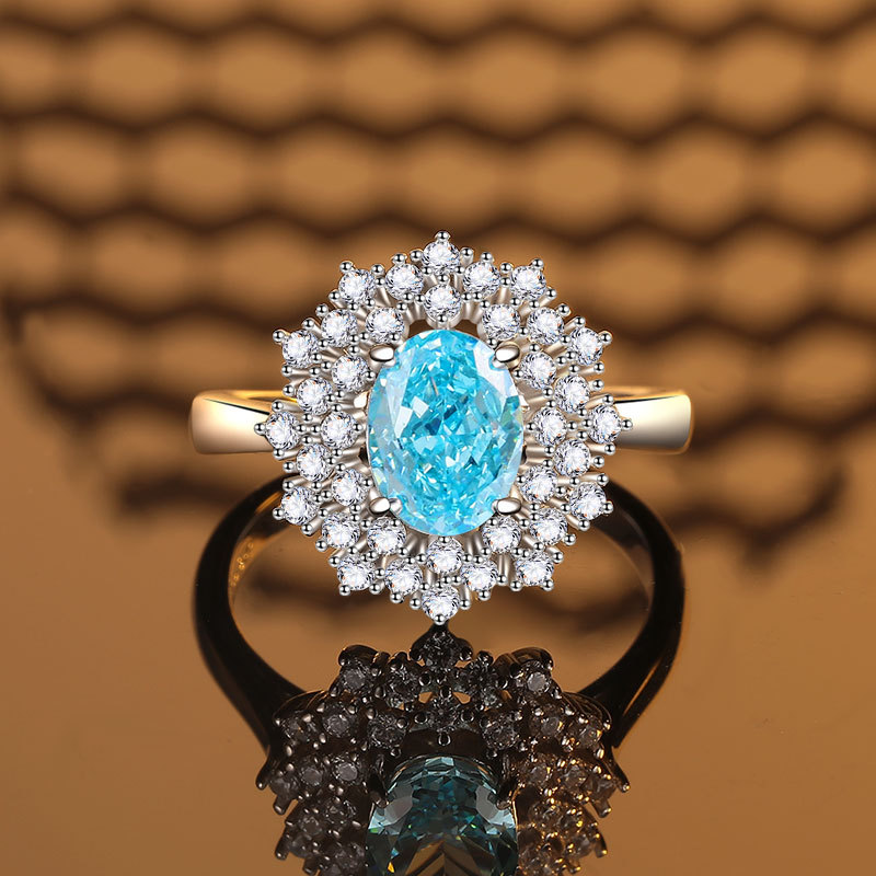 S925 Sterling Silver 4-Carat Ice Flower Cut Moissanite Aqua Blue Pendant and Ring Set, High-Carbon Diamond Jewelry for Women