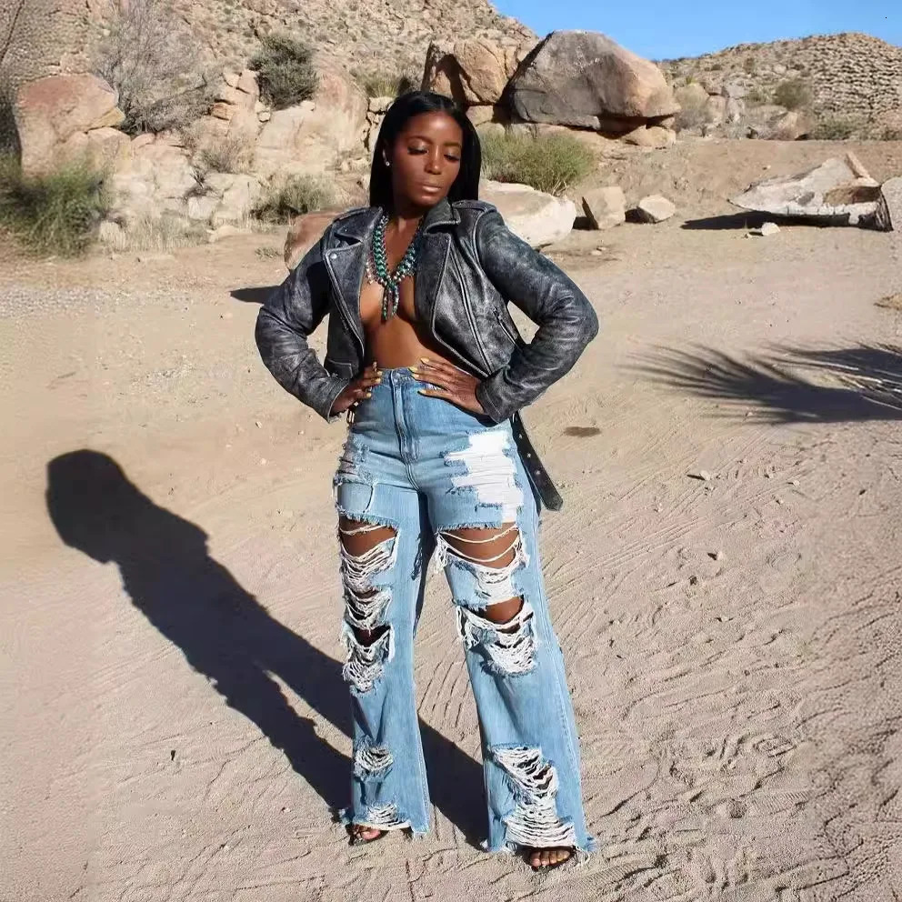 Jeans Women Long Pants Elegant Splice Denim Pant Slim Fit Sexy Hole High Waist Button Pocket Straight Trousers Summer Z260313