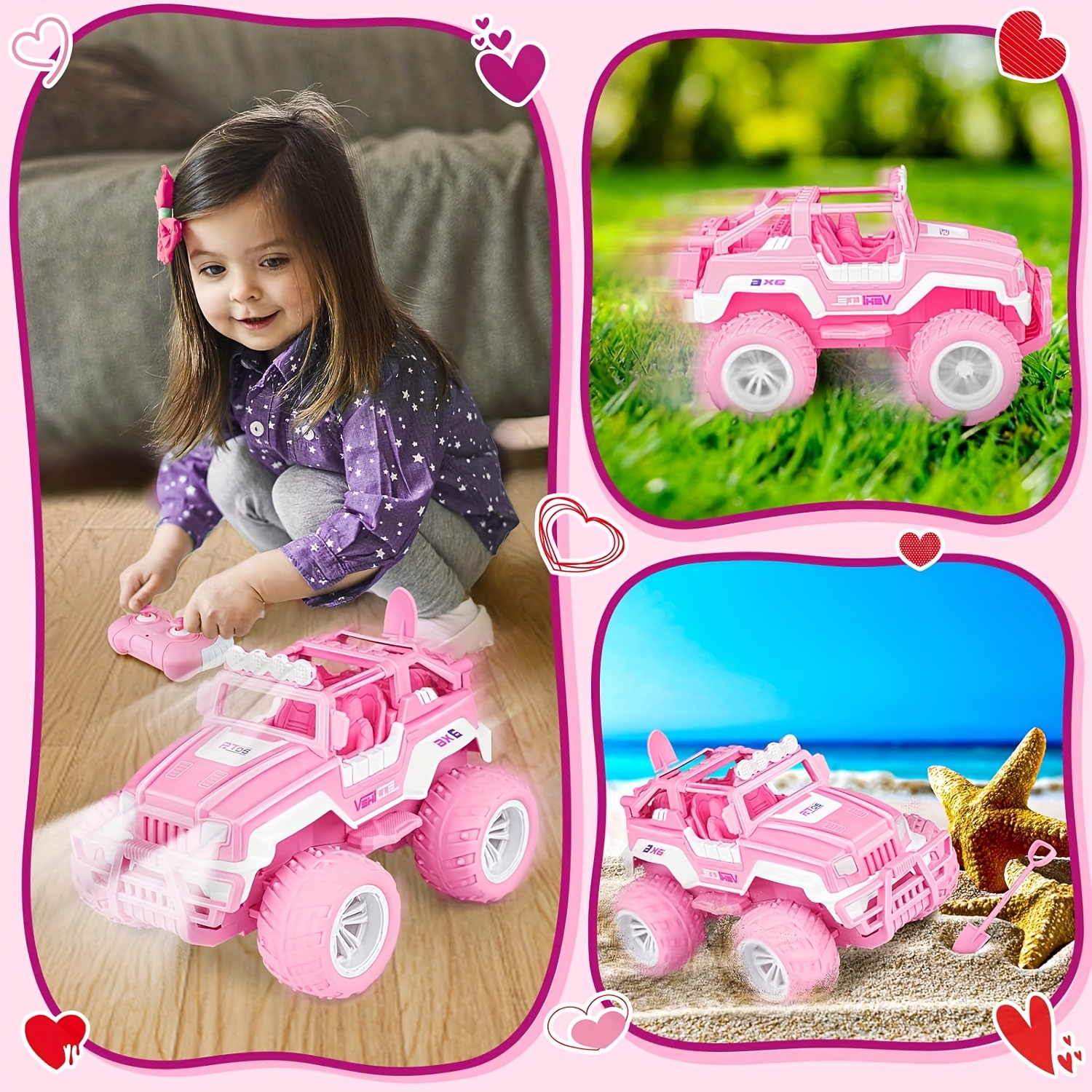Free shipping Pink Car, 1:16 Scale Jeep By, All Terrain Offroad Monster RC Truck with LED Lights Rechargeable Battery, Toy Car for Girls and Kids, Bir