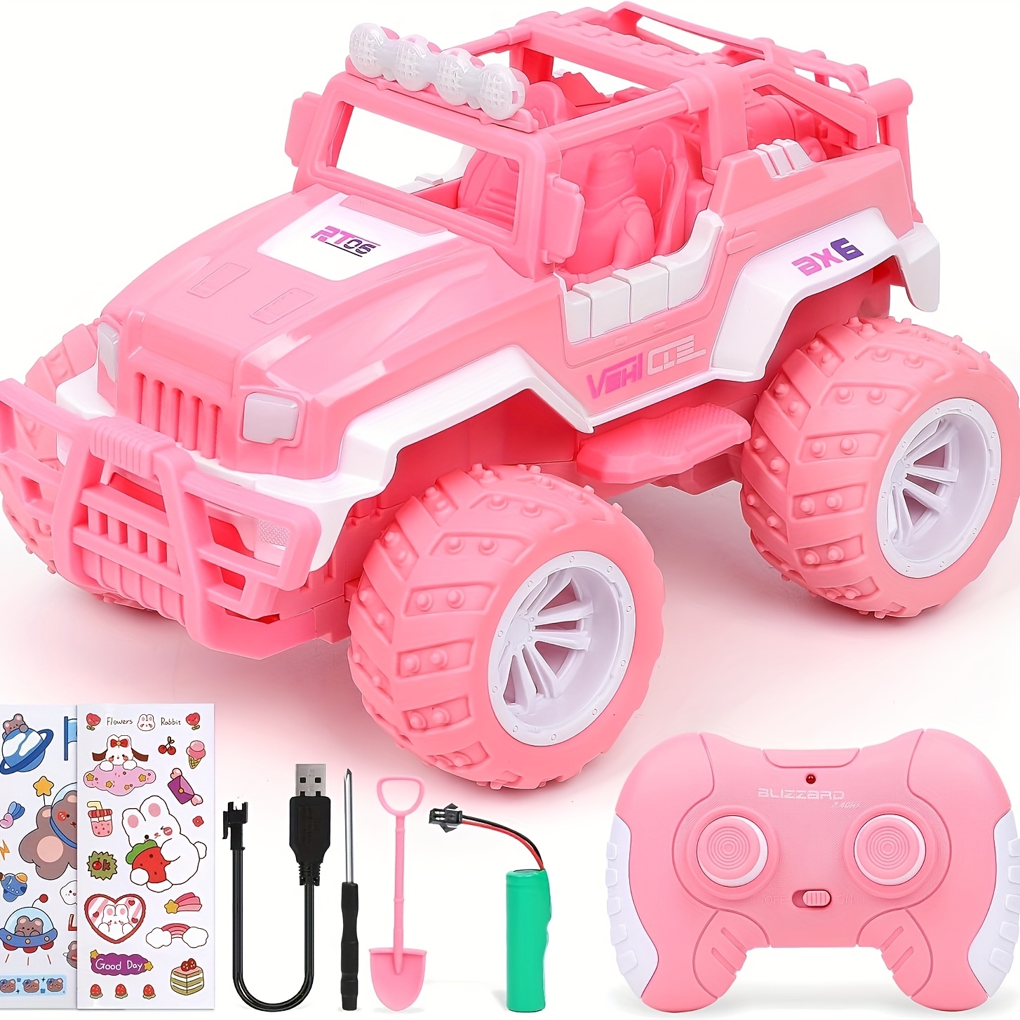 Free shipping Pink Car, 1:16 Scale Jeep By, All Terrain Offroad Monster RC Truck with LED Lights Rechargeable Battery, Toy Car for Girls and Kids, Bir