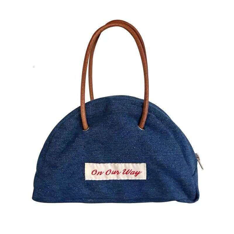 Cute Niche Half-Round Leather Strap Handbag Zipper Storage Student Denim Tote Bag