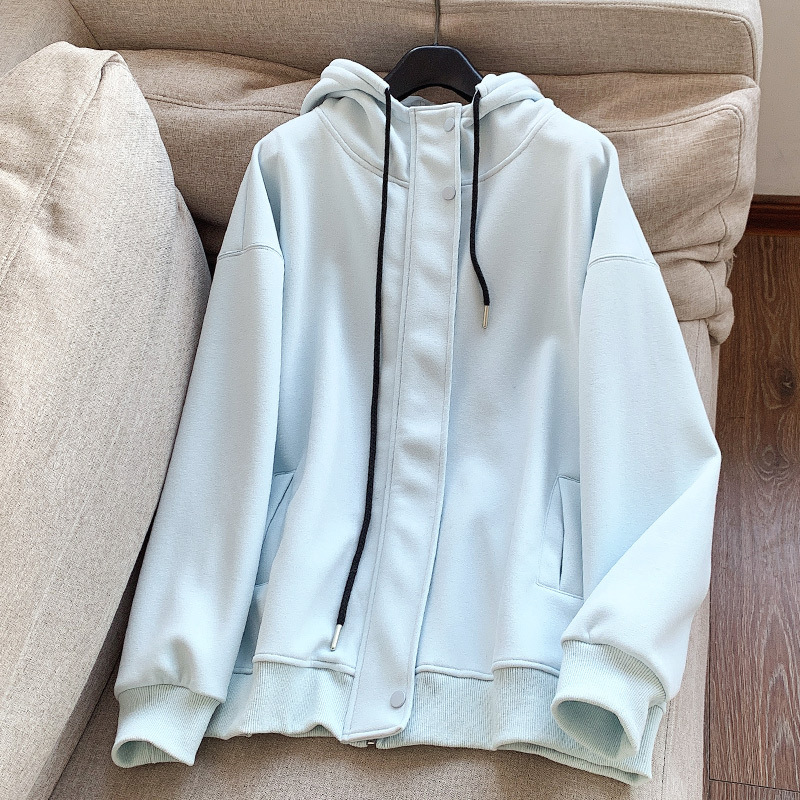 DO17016 Zipper Loose Hooded Solid Color Cardigan Couple Sweater Jacket Women