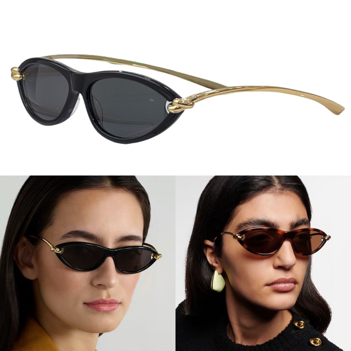 Knot Cat Eye Designer Sunglasses For Women 1390 temples featuring gold finished metallic knot Black frame grey lenses perfect for everyday fashion with box