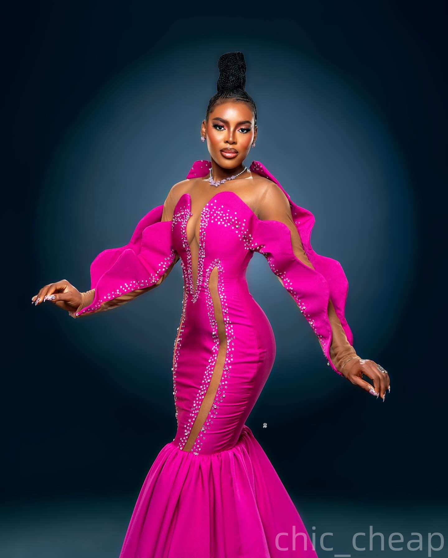 Fuchsia Mermaid Prom Dresses 2025 Crystals Satin Full Sleeves Evening Formal Party Second Birthday Engagement Gowns Plus Size Dress For Special Occasi
