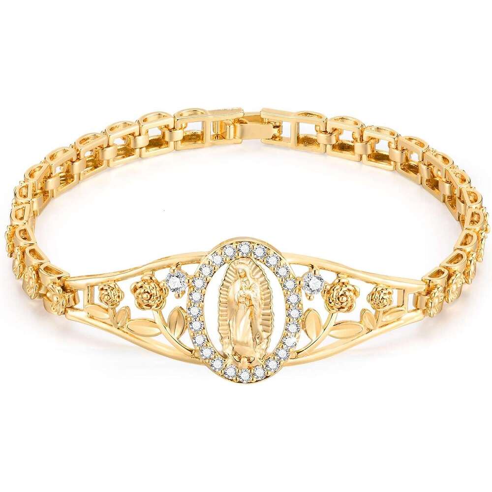 Catholic Bracelet Women-14k Gold Plated Bracelet,Hypoallergenic Non Tarnish Trendy Jewelry,Dainty Stainless Steel Cubic Zirconia Religious Baptism Vir