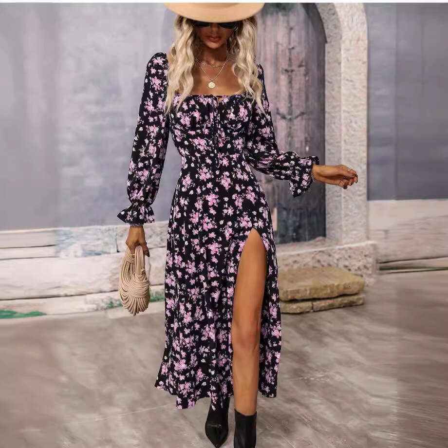 Maxi Dress Spring Autumn New Printed Long Sleeve Bohemian Dress With Bareback Floral Dress